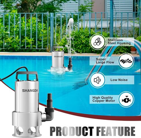 Sump Pump Submersible 1HP Dirty/Clean Water Transfer Pump 4500GPH Portable Electric Water Pump for Pool Draining Hot Tub Flooded Basement Ponds Garden Yard with Adapters in Kuwait