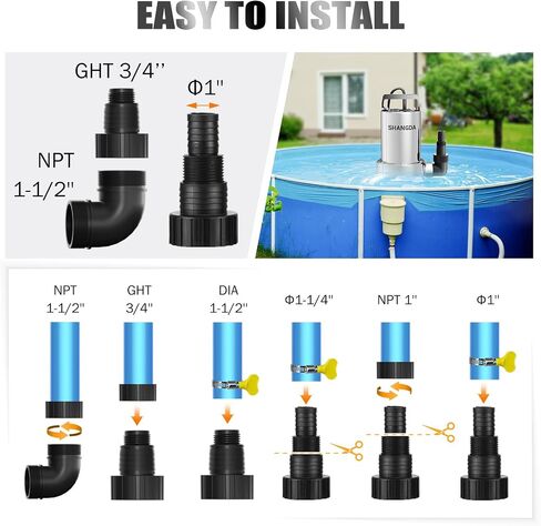 Sump Pump Submersible 1HP Dirty/Clean Water Transfer Pump 4500GPH Portable Electric Water Pump for Pool Draining Hot Tub Flooded Basement Ponds Garden Yard with Adapters in Kuwait