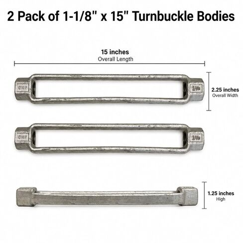 1-1/8" x 15" Turnbuckle Body, Hot-Dip Galvanized Carbon Steel, 10,000 LB Working Load, Open Frame, 2 Pack in Kuwait