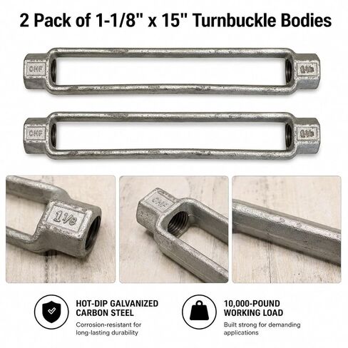 1-1/8" x 15" Turnbuckle Body, Hot-Dip Galvanized Carbon Steel, 10,000 LB Working Load, Open Frame, 2 Pack in Kuwait