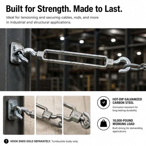 1-1/8" x 15" Turnbuckle Body, Hot-Dip Galvanized Carbon Steel, 10,000 LB Working Load, Open Frame, 2 Pack in Kuwait