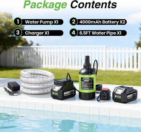TaskStar Cordless Submersible Water Pump Brushless, Small Battery Powered Sump Pump with 2x4000mAh Battery & Hose for Swimming Pool Tank Garden Pond Basement Camping Boat Rain Barrels Outdoor Draining in Kuwait