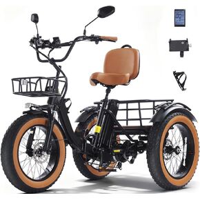 Electric Tricycle for Adults, Peak 500/750W Electric Trike, 20"x4" Folding Fat Tire 3 Wheel Electric Trike, Max 20MPH,with Large Basket and 48V 13/15Ah Removable Battery in Kuwait
