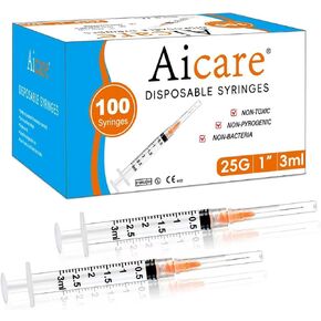 100 Pack 3ml Lab Syringes with 25Ga 1 Inch Needle Luer Lock, Individually Sealed Packed in Saudi Arabia
