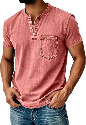 Distressed Henley Shirts for Men Acid Washed Oversized T Shirts Short Sleeve Summer Tops Stylish Vintage Plain Tee in Kuwait