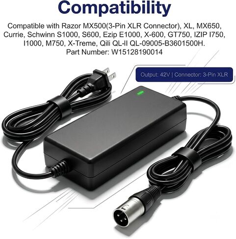 W15128190014 42V 2A Charger Compatible with Razor MX500 36V Charger (3-Pin XLR Connector) for Razor Crazy Cart Currie, XL, MX650, Ezip E1000, Schwinn S1000, X-600, S600 in Kuwait