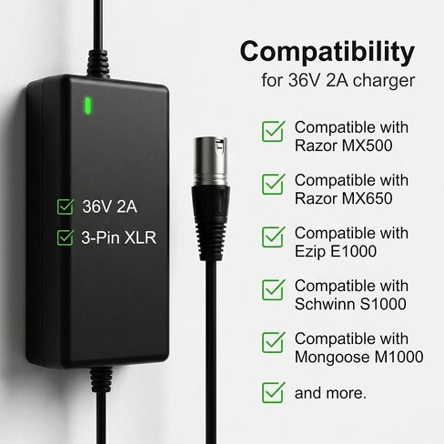 W15128190014 42V 2A Charger Compatible with Razor MX500 36V Charger (3-Pin XLR Connector) for Razor Crazy Cart Currie, XL, MX650, Ezip E1000, Schwinn S1000, X-600, S600 in Kuwait