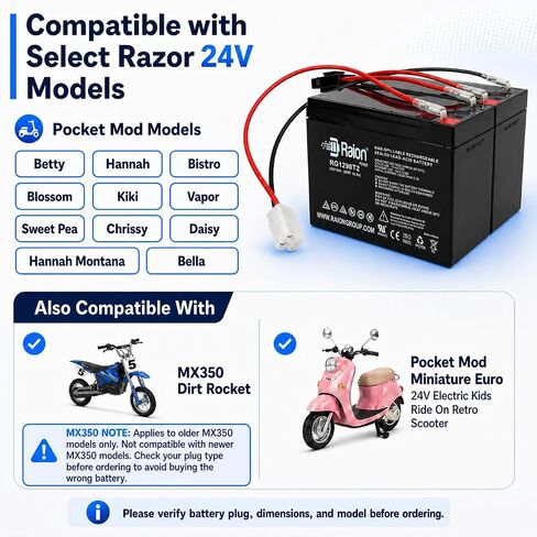 حزمة بطارية Raion Power 24V 9Ah لسكوتر Razor Pocket Mod Scooter E275 E300 E325 MX350، مجموعة استبدال SLA AGM ذات المدى الممتد مع حزام الأسلاك والصمام والموصل لبيلا وبيتي وبيسترو وديزي وبخار in Kuwait