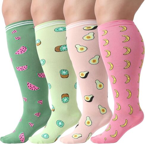 ACOCO 4 Pairs Plus Size Compression Socks for Women, Extra Wide Calf Knee High Compression Socks 15-20 mmHg, Bamboo Support for Nurses, Pregnancy, Travel, Running in Kuwait