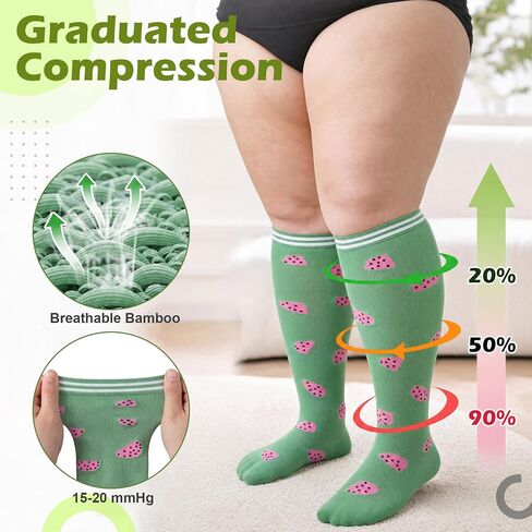 ACOCO 4 Pairs Plus Size Compression Socks for Women, Extra Wide Calf Knee High Compression Socks 15-20 mmHg, Bamboo Support for Nurses, Pregnancy, Travel, Running in Kuwait