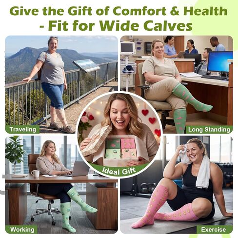 ACOCO 4 Pairs Plus Size Compression Socks for Women, Extra Wide Calf Knee High Compression Socks 15-20 mmHg, Bamboo Support for Nurses, Pregnancy, Travel, Running in Kuwait