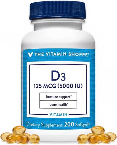 Vitamin D3 5000IU Softgel, Supports Bone Immune Health, Aids in Cellular Growth Calcium Absorption, Gluten Free Once Daily Formula (200 Softgels) by The Vitamin Shoppe in Kuwait