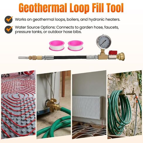 Geothermal Loop Fill Tool with 100PSI Gauge & Protector – 12" Flex Hose for Tight Spaces, 1/8" Needle, Garden Hose Connector & Quarter Turn Valve for Boilers & Water Heaters in Kuwait