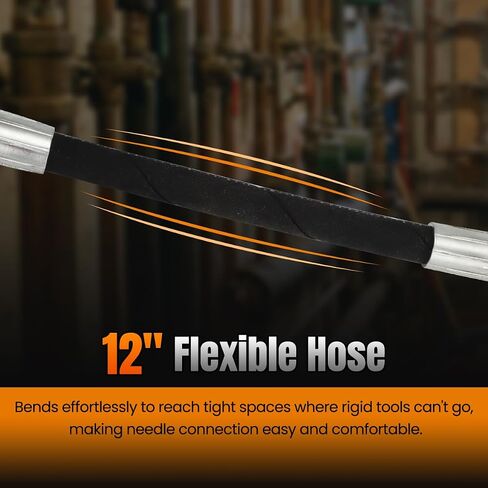 Geothermal Loop Fill Tool with 100PSI Gauge & Protector – 12" Flex Hose for Tight Spaces, 1/8" Needle, Garden Hose Connector & Quarter Turn Valve for Boilers & Water Heaters in Kuwait