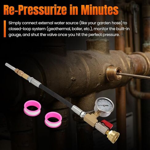 Geothermal Loop Fill Tool with 100PSI Gauge & Protector – 12" Flex Hose for Tight Spaces, 1/8" Needle, Garden Hose Connector & Quarter Turn Valve for Boilers & Water Heaters in Kuwait