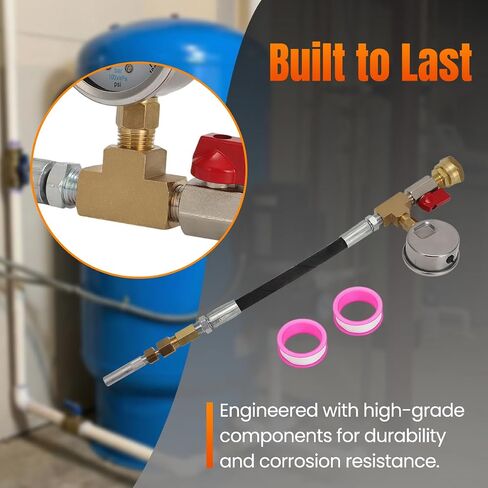 Geothermal Loop Fill Tool with 100PSI Gauge & Protector – 12" Flex Hose for Tight Spaces, 1/8" Needle, Garden Hose Connector & Quarter Turn Valve for Boilers & Water Heaters in Kuwait