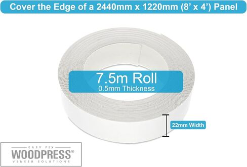 شريط حافة من الميلامين الأبيض اللؤلؤي مقاس 7/8 بوصة من WoodPress، شريط قشرة مُلصق مسبقًا - لفة 25 قدمًا - يمكن كيها لسهولة الاستخدام - سوف يغطي حافة لوحة MDF القياسية مقاس 8 × 4 بوصة in Kuwait