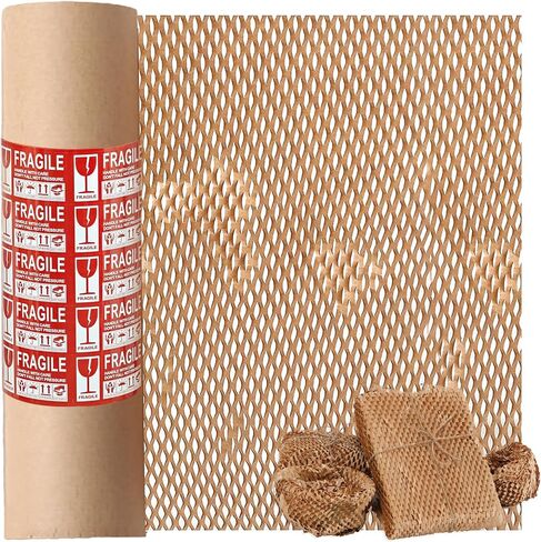 12 Inch x 230 Ft Honeycomb Kraft Packaging Paper Roll, Plastic Free Cushioning Packing Paper with Fragile Warning Labels, Recyclable Bubble Wrap Substitute for Household Moving & Business Shipping in Kuwait