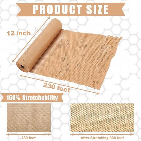 12 Inch x 230 Ft Honeycomb Kraft Packaging Paper Roll, Plastic Free Cushioning Packing Paper with Fragile Warning Labels, Recyclable Bubble Wrap Substitute for Household Moving & Business Shipping in Kuwait