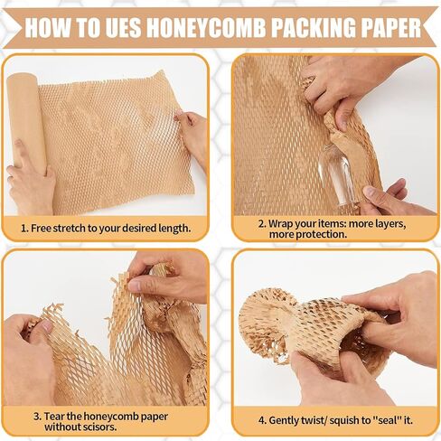 12 Inch x 230 Ft Honeycomb Kraft Packaging Paper Roll, Plastic Free Cushioning Packing Paper with Fragile Warning Labels, Recyclable Bubble Wrap Substitute for Household Moving & Business Shipping in Kuwait