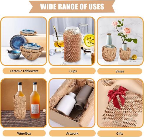 12 Inch x 230 Ft Honeycomb Kraft Packaging Paper Roll, Plastic Free Cushioning Packing Paper with Fragile Warning Labels, Recyclable Bubble Wrap Substitute for Household Moving & Business Shipping in Kuwait