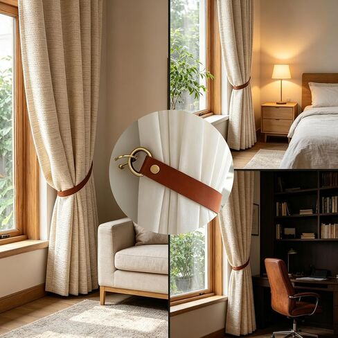 Leather Curtain Tie Backs 2Pcs glrovazas Leather Curtain Rod Holder Window Treatment Holdbacks, Leather Drapery Tiebacks with Metal Hooks Leather Drapery Tiebacks for Balcony Room Cafe (Red Brown) in Kuwait