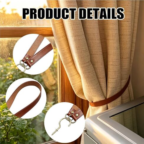 Leather Curtain Tie Backs 2Pcs glrovazas Leather Curtain Rod Holder Window Treatment Holdbacks, Leather Drapery Tiebacks with Metal Hooks Leather Drapery Tiebacks for Balcony Room Cafe (Red Brown) in Kuwait