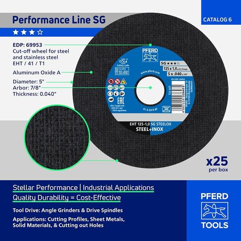 عجلة قطع Pferd Tools SG STEELOX من النوع 1، 5 بوصة × 0.040 بوصة × 7/8 بوصة، حزمة من 25 | أكسيد الألومنيوم، 12,200 دورة في الدقيقة، قرص قطع معدني عالي الأداء، للصلب والفولاذ المقاوم للصدأ، الجزء 69953 in Kuwait