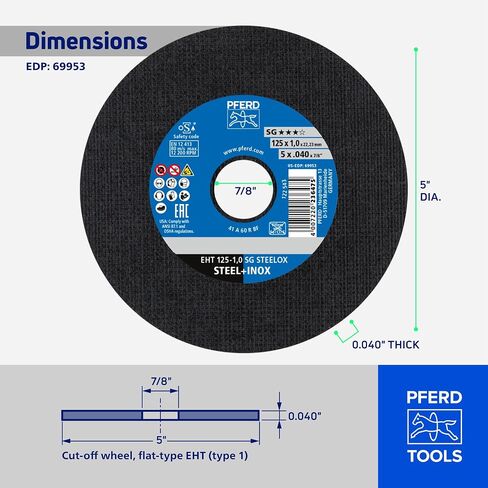 عجلة قطع Pferd Tools SG STEELOX من النوع 1، 5 بوصة × 0.040 بوصة × 7/8 بوصة، حزمة من 25 | أكسيد الألومنيوم، 12,200 دورة في الدقيقة، قرص قطع معدني عالي الأداء، للصلب والفولاذ المقاوم للصدأ، الجزء 69953 in Kuwait