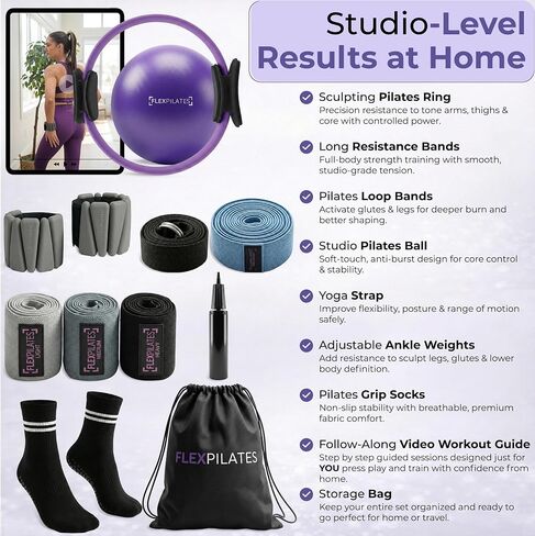 Pilates Ring Kit with Video Workout Guide, Studio Grade Anti-Deformation Pilates Kit with Ankle Weights for Women, Pilates Equipment Set for Beginner with Pilates Essentials kit for Women in Kuwait