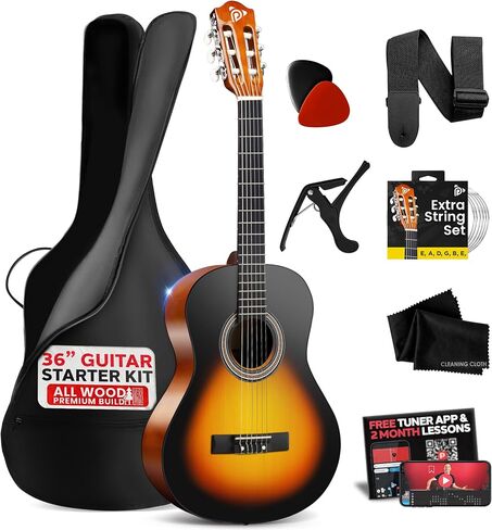 Pyle Beginner Acoustic Guitar Kit, 3/4 Junior Size All Wood Build Nylon String Instrument with Capo, Strap, Extra String Set, Gig Bag, Guitars for Beginners Adults Youth, 36" Sunburst Teardrop Gloss in Saudi Arabia