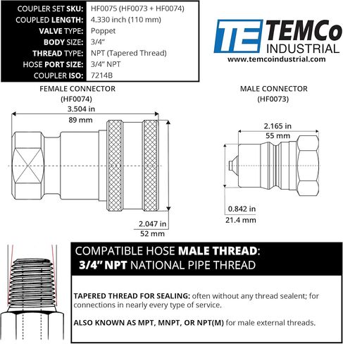 TEMCo 3/4" Female NPT Thread 3/4" Body Female Hydraulic Coupler ISO 7241B Poppet Valve Quick Connect for Tractors and Ag Equipment Fits Pioneer Parker Format - HF0074 in Saudi Arabia