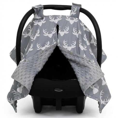Dear Baby Gear - مظلة مقعد سيارة الطفل - غطاء حامل الطفل - غطاء مقعد السيارة للرضع - أغطية مقاعد السيارة مع فتحة كبس - مظلات مقعد السيارة للأولاد والبنات - 40 × 30 بوصة (قرون على رمادي، نقطة مينكي رمادية) in Kuwait