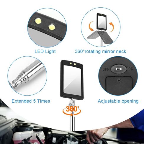 2 Pieces Telescoping Inspection Mirror, Anglecai Round Square Mirror Inspection Tool for Checking Vehicle Telescoping LED Lighted Flexible Inspection Mirror Mechanic Mirror Automotive Mirror Tool in Kuwait