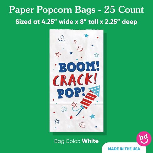Big Dot of Happiness Firecracker 4th of July Popcorn Bags, Memorial Day, Patriotic Red, White, Blue USA Party Favor Snack Treats, Free-Standing Individual White Paper Bags - 25 Count in Kuwait