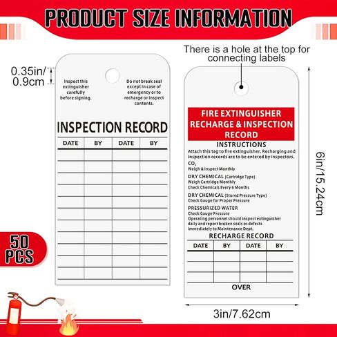 50 Pack Fire Extinguisher Tags Monthly Inspection White Paper Recharge Record Tag Maintenance Record Labels for Indoor Use, 3 x 6 Inches, Safety Compliance Labels for Fire Safety Inspections in Kuwait
