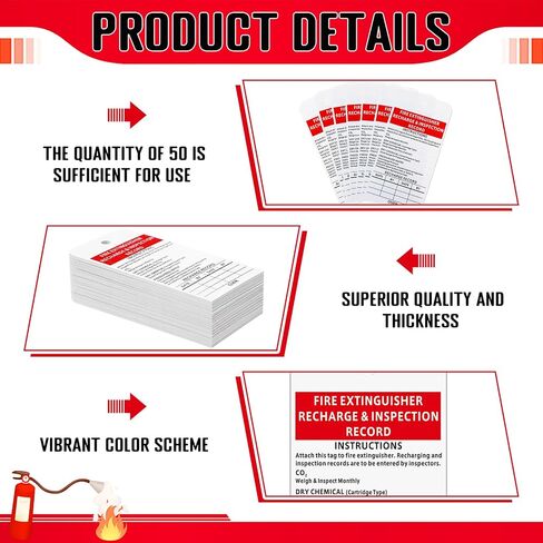 50 Pack Fire Extinguisher Tags Monthly Inspection White Paper Recharge Record Tag Maintenance Record Labels for Indoor Use, 3 x 6 Inches, Safety Compliance Labels for Fire Safety Inspections in Kuwait