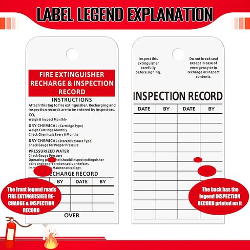50 Pack Fire Extinguisher Tags Monthly Inspection White Paper Recharge Record Tag Maintenance Record Labels for Indoor Use, 3 x 6 Inches, Safety Compliance Labels for Fire Safety Inspections in Kuwait