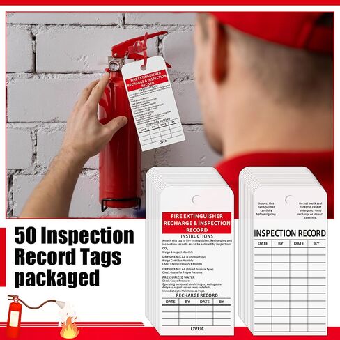 50 Pack Fire Extinguisher Tags Monthly Inspection White Paper Recharge Record Tag Maintenance Record Labels for Indoor Use, 3 x 6 Inches, Safety Compliance Labels for Fire Safety Inspections in Kuwait