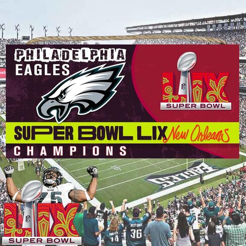 لافتة جدارية لأبطال كرة القدم من فيلادلفيا إيجلز 2025 Super Bowl LIX - لافتة صغيرة مقاس 6 × 12 بوصة - لافتة خشبية ريفية - مثالية لكهف الرجال، أو غرفة الألعاب، أو النوم أو ديكور المنزل من Fan Creations - صناعة أمريكية in Kuwait