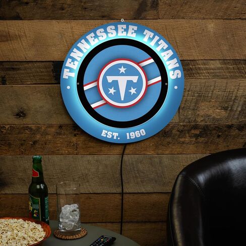 لافتة حائط مضيئة LED من NFL Tennessee Titans، مستديرة معدنية خفيفة مقاس 15 بوصة، لافتات نيون لديكور الحائط، غرفة نوم، كهف رجل، صنع في الولايات المتحدة الأمريكية، هدايا لمحبي كرة القدم in Kuwait