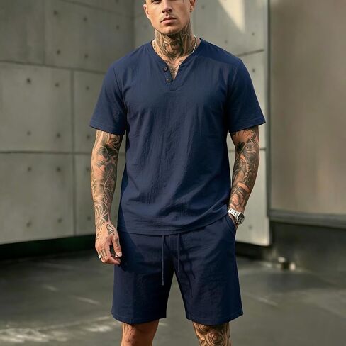 Men's Linen Casual 2-Piece Outfit, Short Sleeve Polo Shirt and Shorts Set, Lightweight Summer Tracksuit in Kuwait