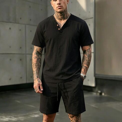 Men's Linen Casual 2-Piece Outfit, Short Sleeve Polo Shirt and Shorts Set, Lightweight Summer Tracksuit in Kuwait