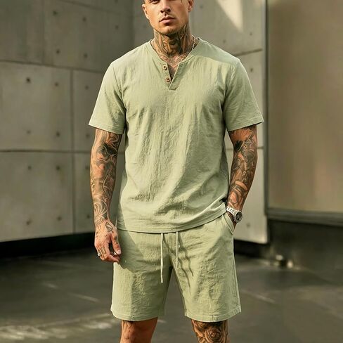Men's Linen Casual 2-Piece Outfit, Short Sleeve Polo Shirt and Shorts Set, Lightweight Summer Tracksuit in Kuwait