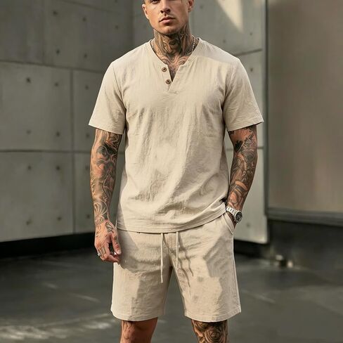 Men's Linen Casual 2-Piece Outfit, Short Sleeve Polo Shirt and Shorts Set, Lightweight Summer Tracksuit in Kuwait