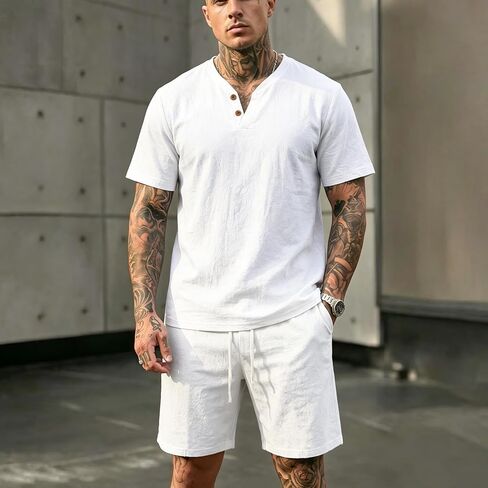 Men's Linen Casual 2-Piece Outfit, Short Sleeve Polo Shirt and Shorts Set, Lightweight Summer Tracksuit in Kuwait