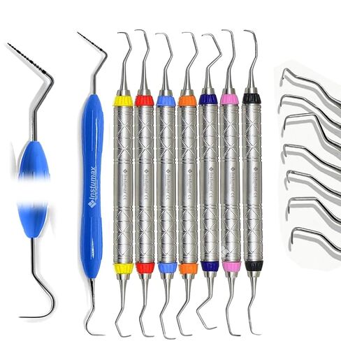 مجموعة Gracey Curette كاملة (7 قطع) + مستكشف UNC15/23 - أدوات علاج اللثة بمقابض من السيليكون - مجموعة أدوات قياس وتخطيط الجذر الاحترافية لأطباء الأسنان وأخصائيي الصحة والطلاب in Kuwait