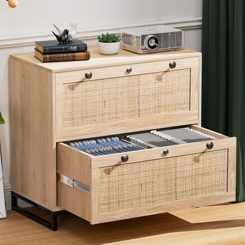 Vingli Black Rattan 2 Drawer Fille File Cabinet مع Lock ، خزائن ملفات قفل الخشب لمكتب المنزل ، File Cabinet Printer Stand for Hanging Letter/Legal Size المسمى المجلدات ، البلوط ، 30W × 16D × 28H in Kuwait