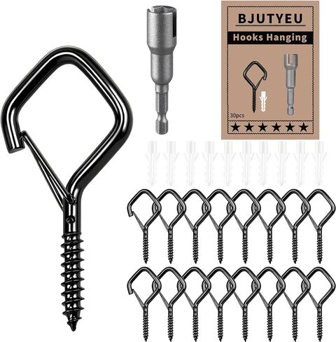 2.36IN Screw Hooks for Hanging Plants, Outdoor String Lights, Bird Feeders, Lanterns – Heavy-Duty Ceiling Hooks with Safety Buckle, Rustproof Metal for Indoor & Outdoor Use (Black, 30 Pcs) in Kuwait