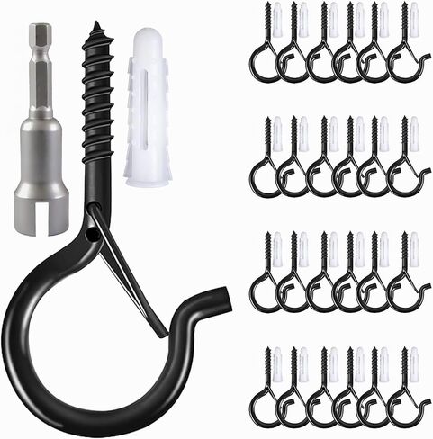 24 PCS Q-Shaped Hanger Hooks with Safety Buckle, Windproof Screw Hooks for Hanging Outdoor String Lights, Plants, Christmas Patio Lights, 2.2 Inches with Wind Socket (Black) in Kuwait